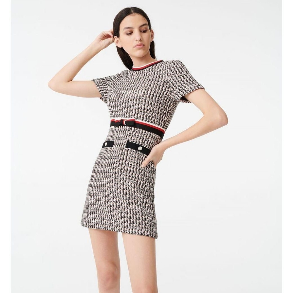 Maje Black and White Mini Dress with Red Accents